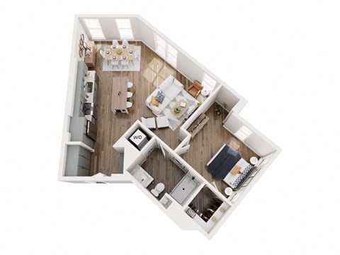 A top down view of a small apartment with a kitchen, living room, and bedroom.